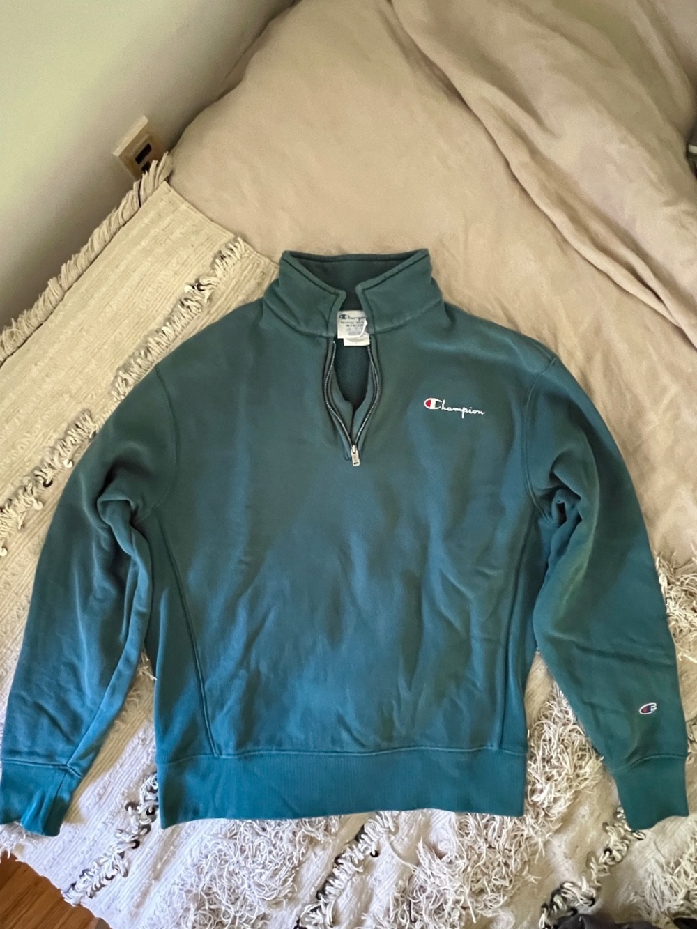 Vintage Champion Reverse Weave Quarter Zip Sweatshirt Green | Medium
